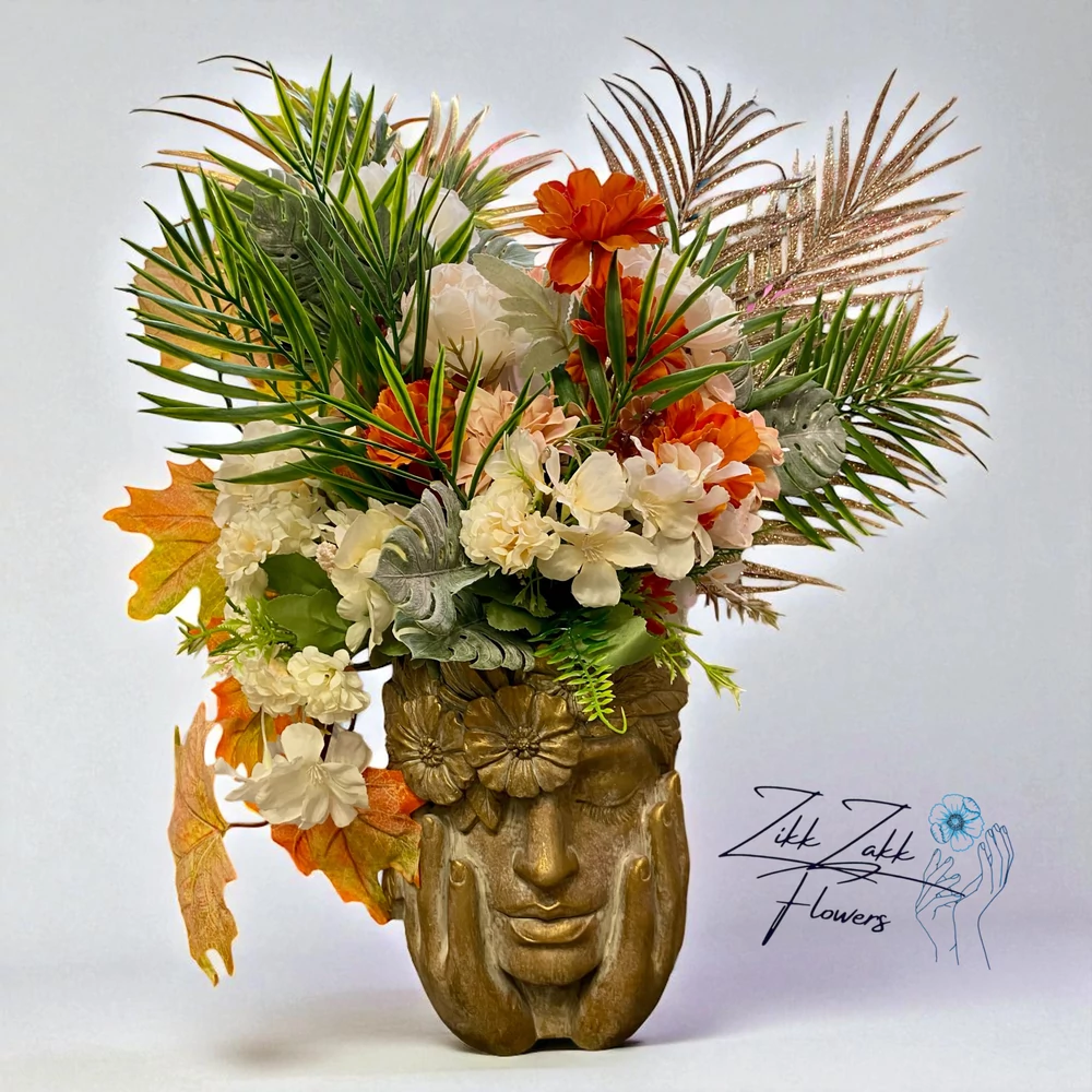 Őszi Fej Szobor Kompozíció – Bronzbarna női arc kaspóval