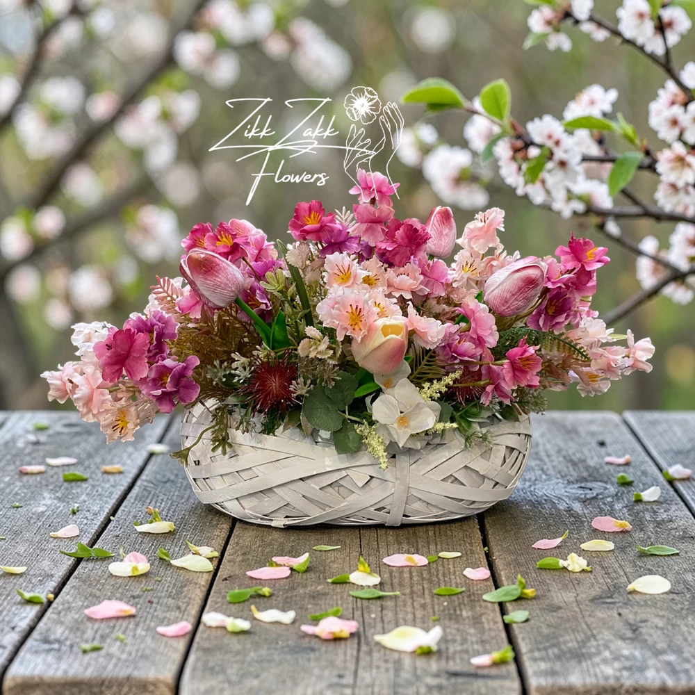 Nagy méretű virágkompozíció fonott kosárban