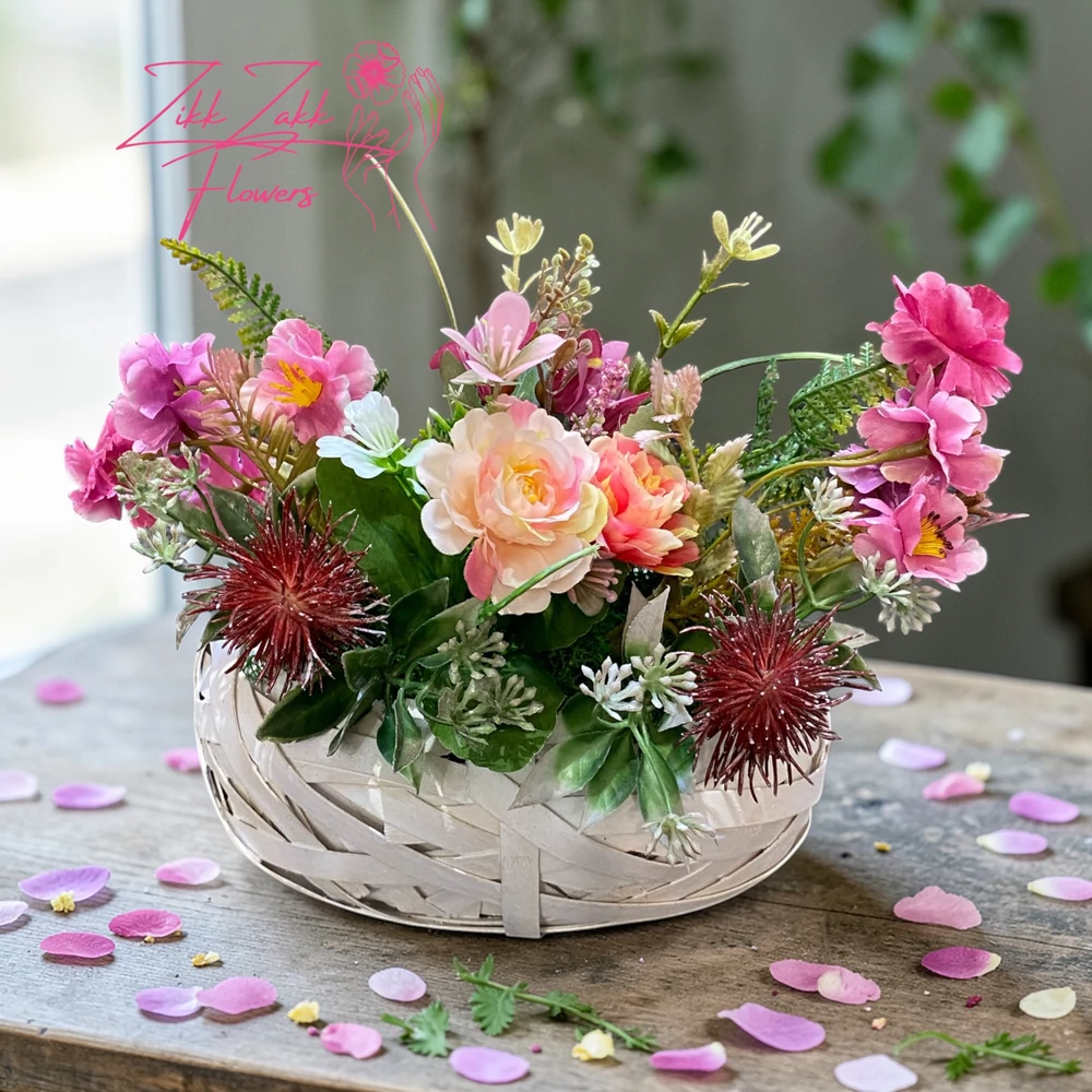 Vegyes virág kompozíció fonott kosárban 