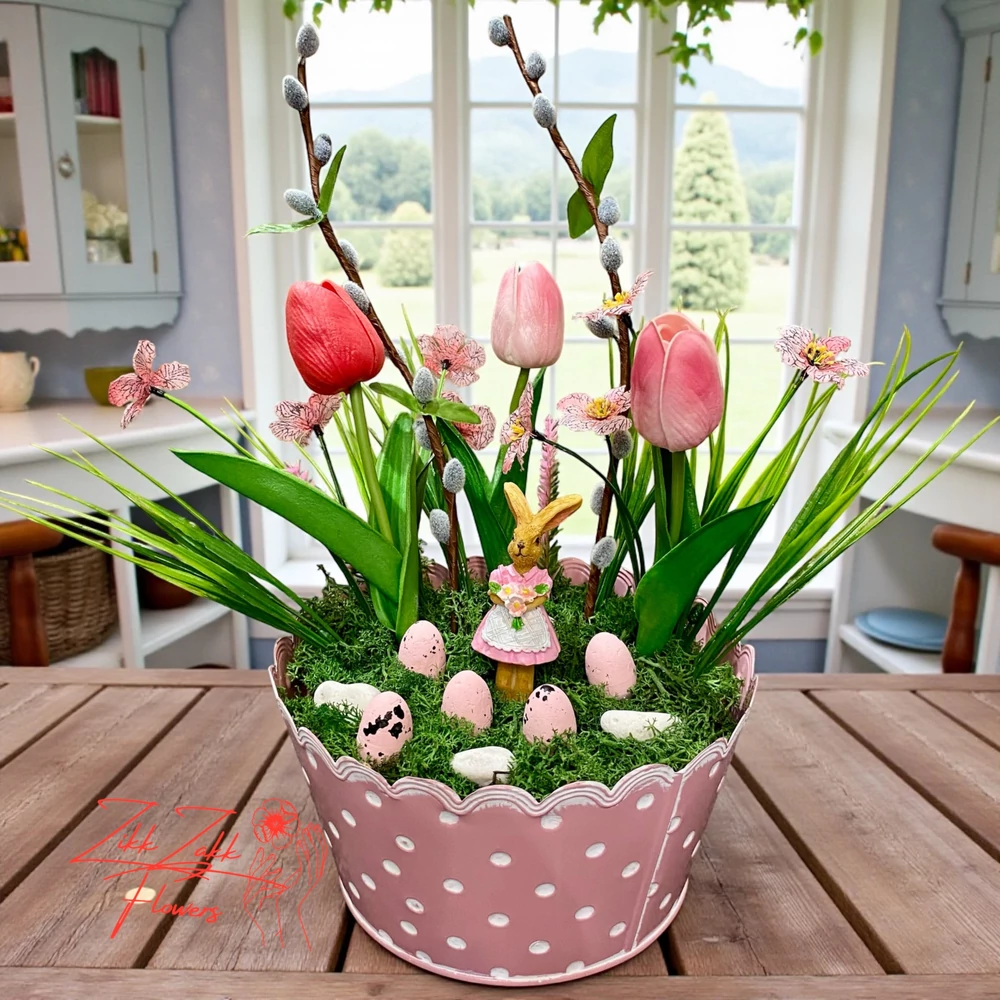 Húsvéti asztaldísz nyuszival és tojásokkal – rózsaszín pöttyös kaspóban 