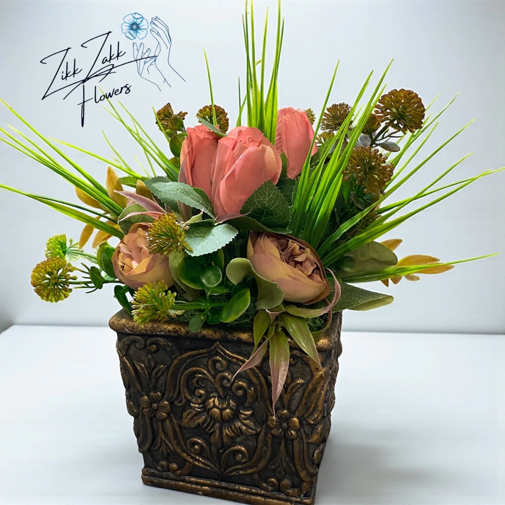 Vintage bronz kaspós rózsa örök virágkompozíció 