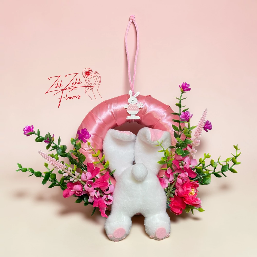 Húsvéti ajtódísz nyuszival – élénk rózsaszín virágos