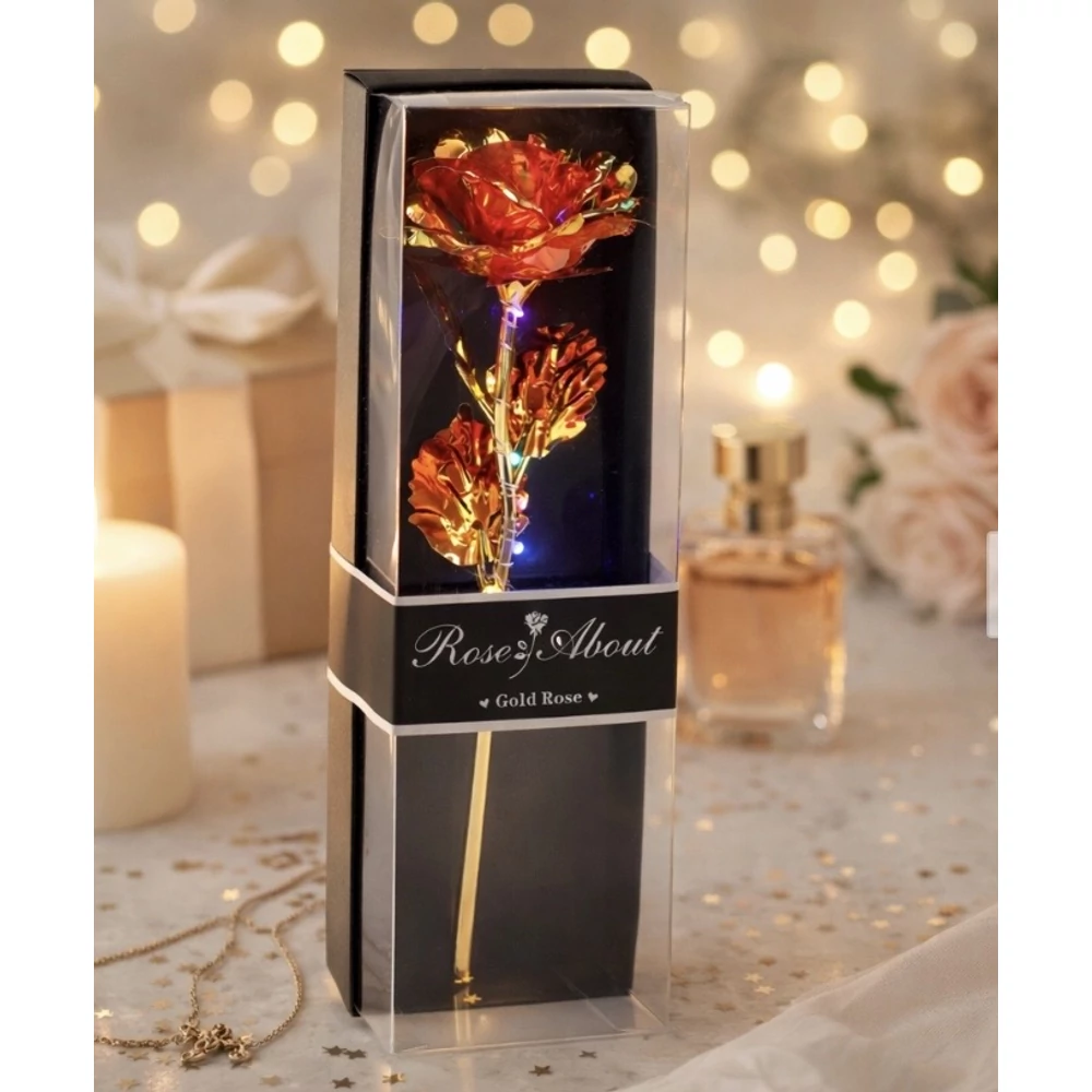 LED-es arany rózsa ajándékdobozban