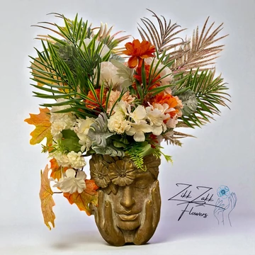 Őszi Fej Szobor Kompozíció – Bronzbarna női arc kaspóval