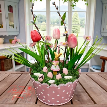 Húsvéti asztaldísz nyuszival és tojásokkal – rózsaszín pöttyös kaspóban 