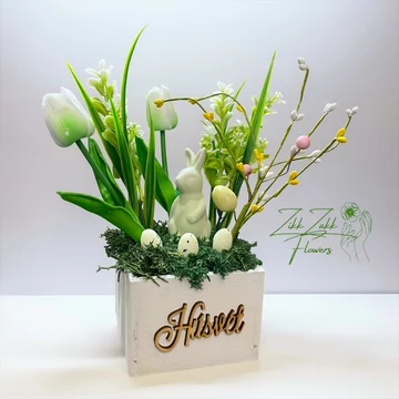Húsvéti Tulipános Virágkompozíció Fa Dobozban