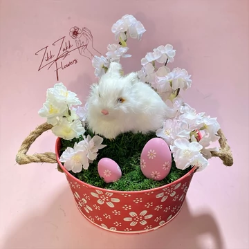 Húsvéti Nyuszis Virágkompozíció Dekor Kosárban 