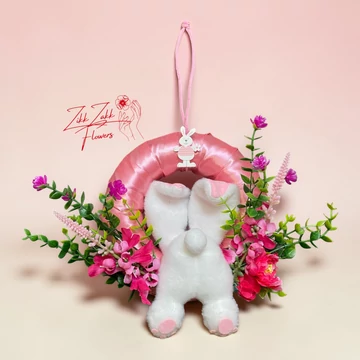 Húsvéti ajtódísz nyuszival – élénk rózsaszín virágos