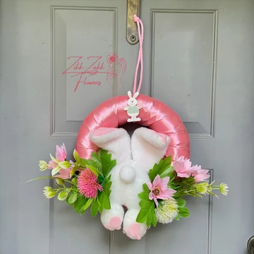 Húsvéti ajtódísz nyuszival – rózsaszín koszorú